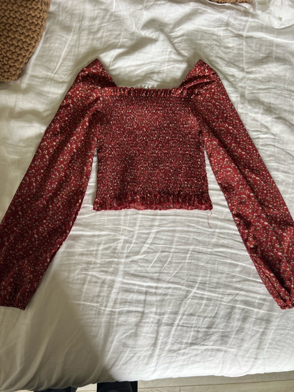 Red Floral Smocked Off-Shoulder Long Sleeve Top